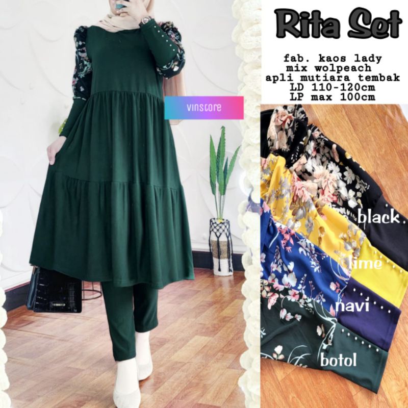 RITA SET bahan Kaos Lady | Set Tunik dan Celana Variasi Mutiara Tembak