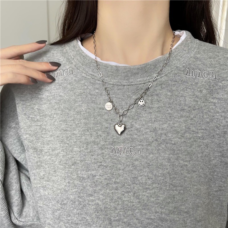 Kalung Rantai Panjang Dengan Liontin Hati + Smiley Face Untuk Wanita 2021