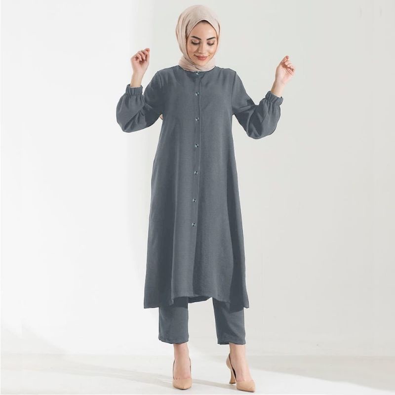 setelan tunik kancing depan baju muslimah ld 110