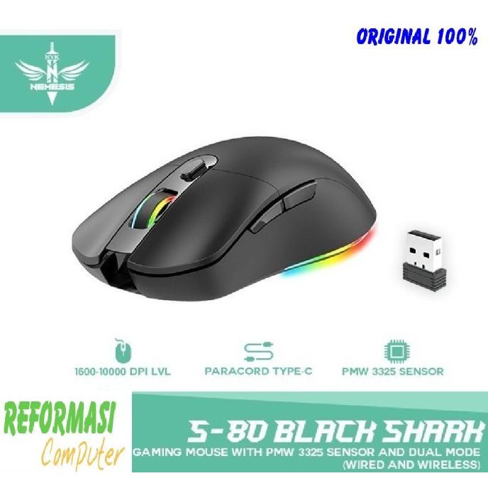 NYK Nemesis S-80 Black Shark S80 Gaming Mouse Dual Mode Wired Wireless _Paling diminati