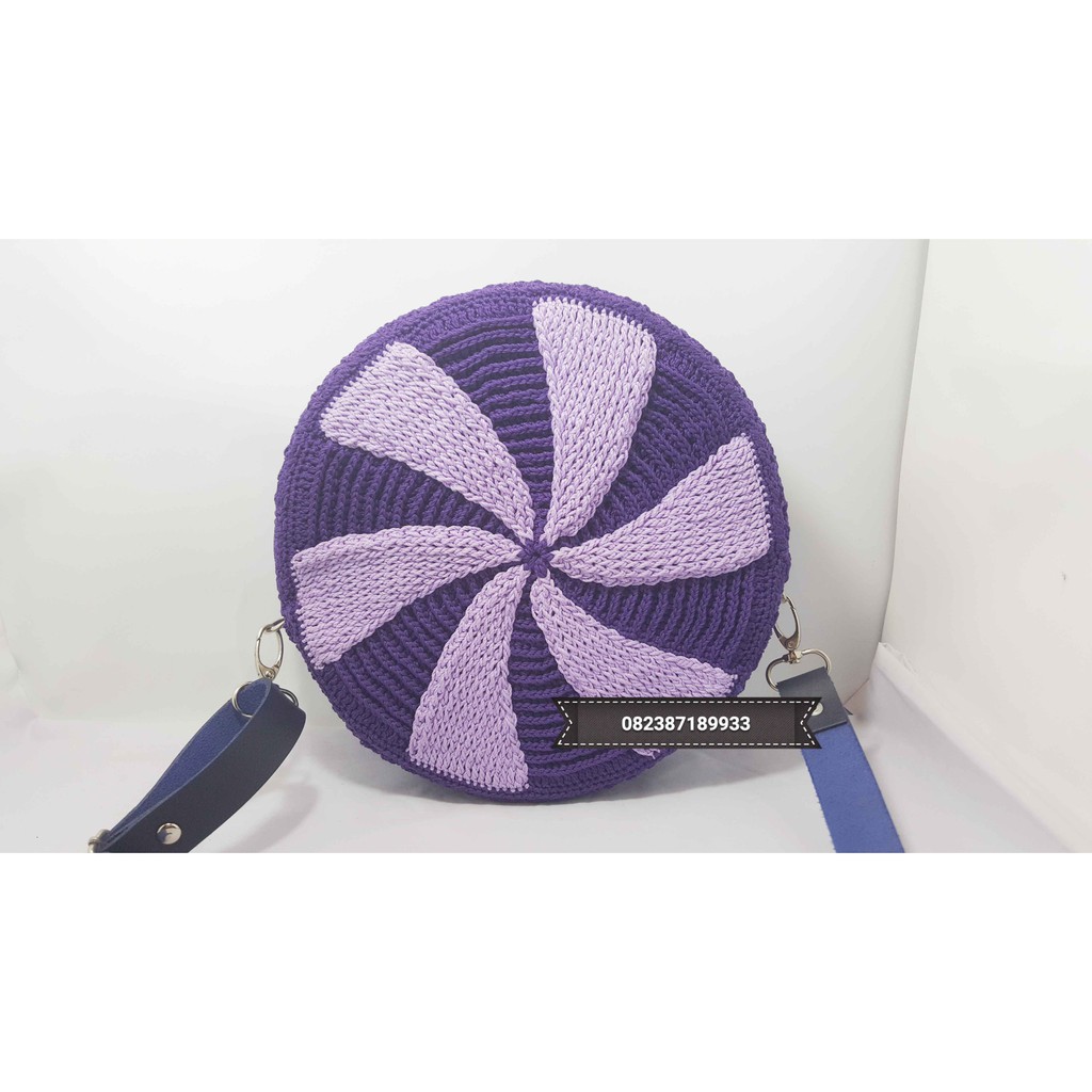 Tas Bulat Rajut Motif Kipas Warna Ungu Tua Ungu Muda