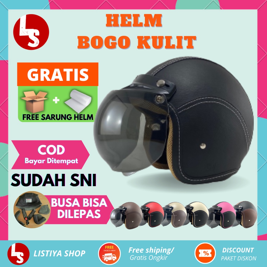 Jual Helm Bogo Wanita Pria Dewasa Cewek Cowok Retro Kulit Motif Kaca Bubble Halfface Murah Keren