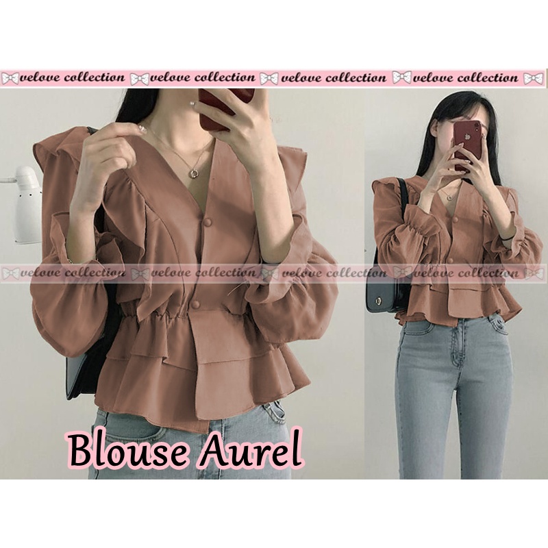 Blouse KALANTHA FASHION Lily Model Ruffle V Neck Casual Top Ala Korea Lengan Panjang Terbaru Blus Te
