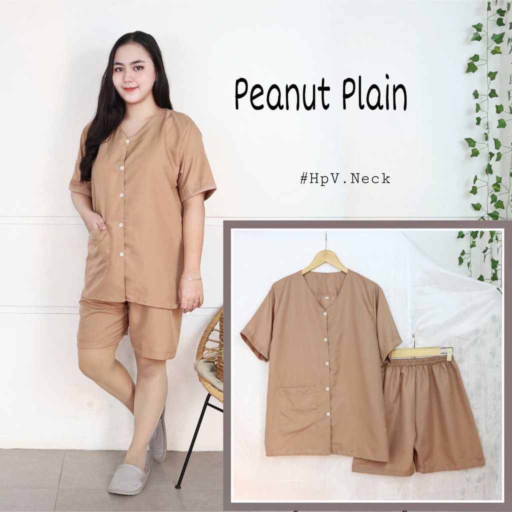IZANY Piyama Dewasa Hotpant V Neck all size  / HP Celana Pendek  PLAIN Polos-PEANUT PLAIN