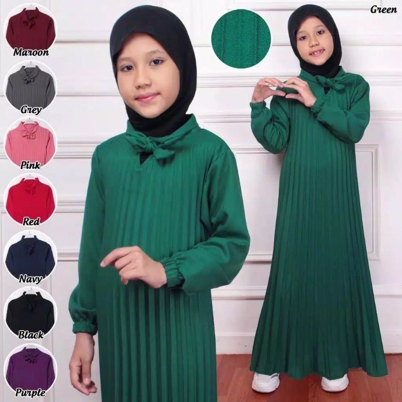 Gamis Plisket Dasi leher Pita Anak Perempuan Usia 4-11 Tahun / Gamis Plisket Anak Anak / Baju Muslim