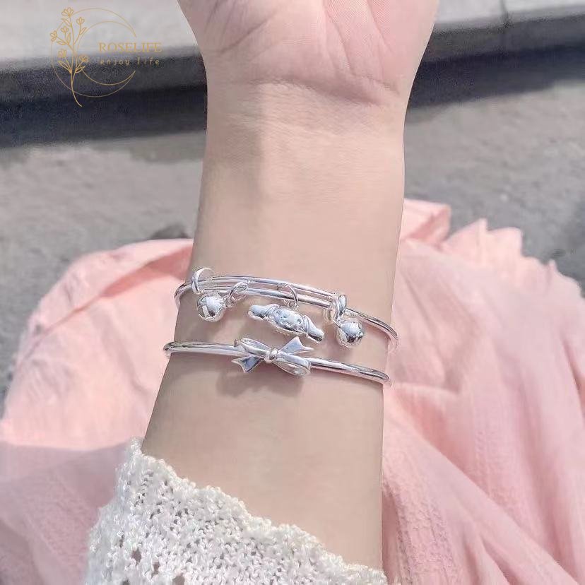 Roselife Melody Charm Bangle Gelang Untuk Wanita Gadis Adjustable Perak Klasik Kekayaan Kesehatan Liontin Ikatan Simpul Gelang Perhiasan