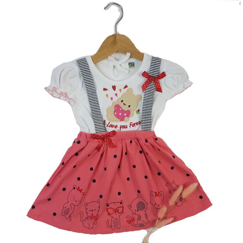 DRESS FASHION BAJU ANAK PEREMPUAN OVERALL MOTIF KUCING MEOW POLKADOT