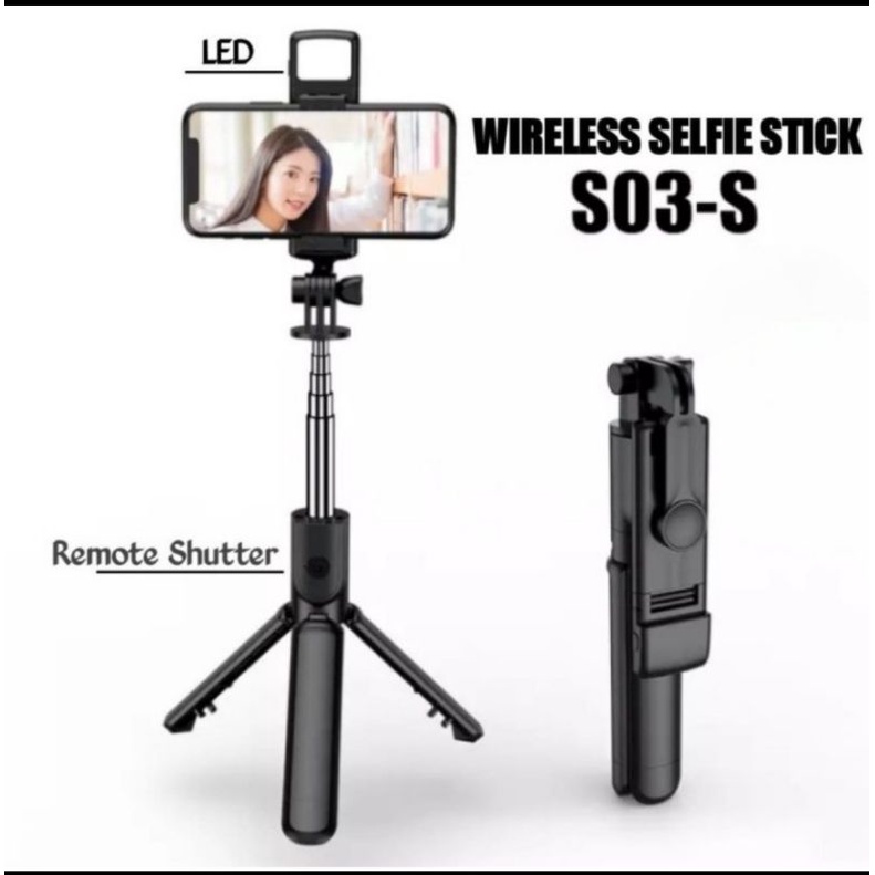 Tongsis Tripod Remote Bluetooth Selfie Stick LAMPU LED S03 S03-S live steaming