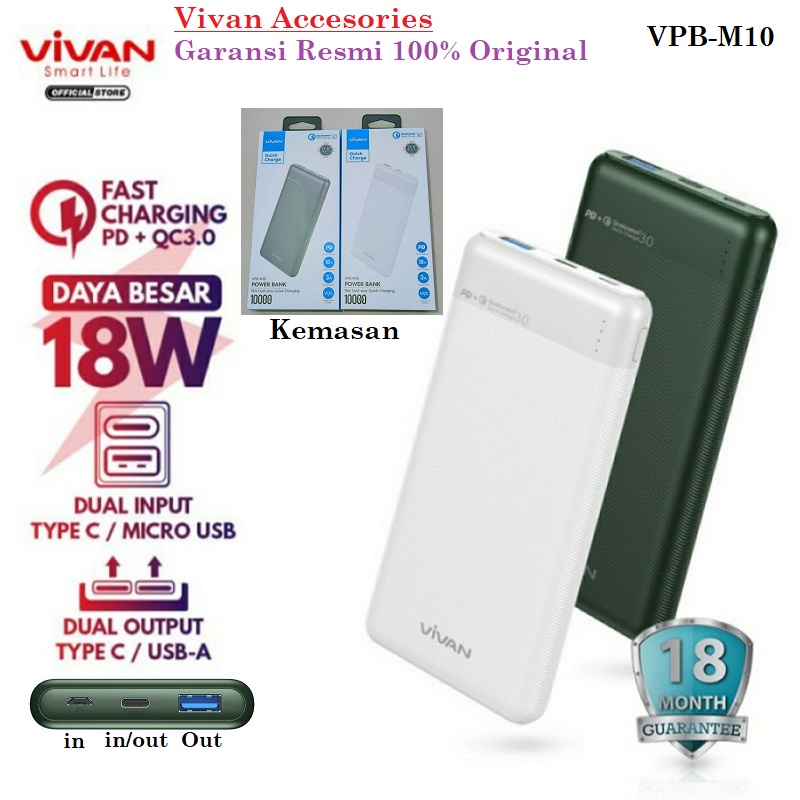 power bank Vivan VPB-M10 10000mAh Fast Charging PD QC3.0