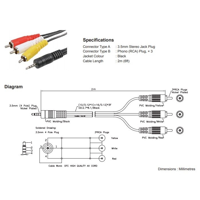 Kabel Audio video-s av 3.5mm to rca 3 male goldplated std 1.5m - Cable audio to av rca 3 1.5 meter