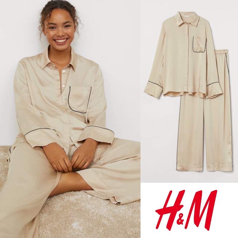 h&m hnm hm cream satin contrasting list pajamas piyama set baju tidur