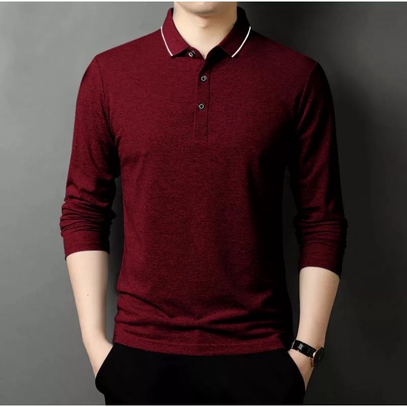 kaos kerah pria lengan panjang | kaos bahan lakos tebal