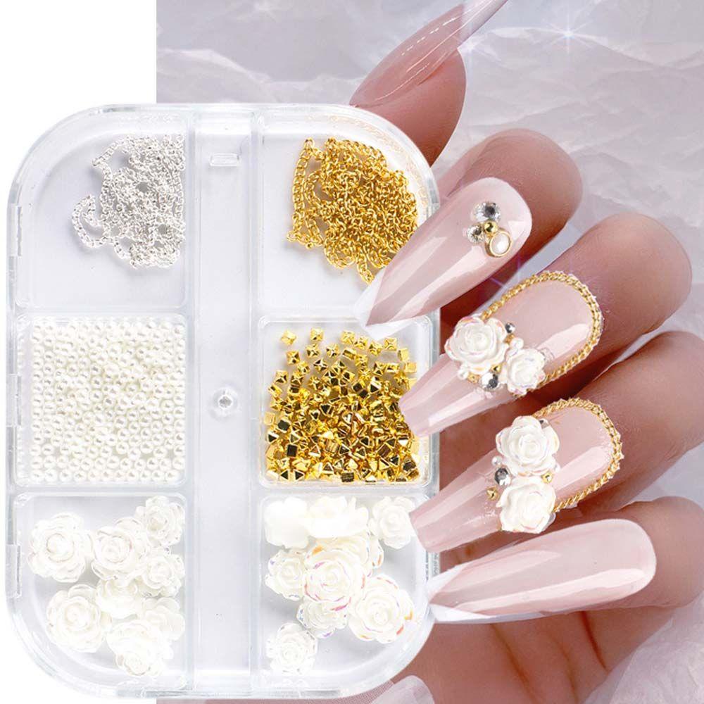 Mxbeauty 6 Sekat / Set Hiasan Kuku Bentuk Bunga Kamelia / Mawar / Mutiara Imitasi Untuk Nail Art / Manicure