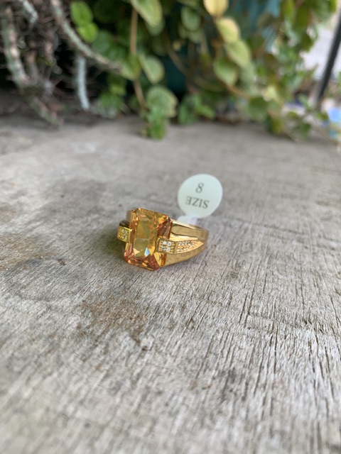 Cincin Pria Mewah Batu Kecubung Teh Smoky Quartz Champagne Kantoran Ring Gold Filled