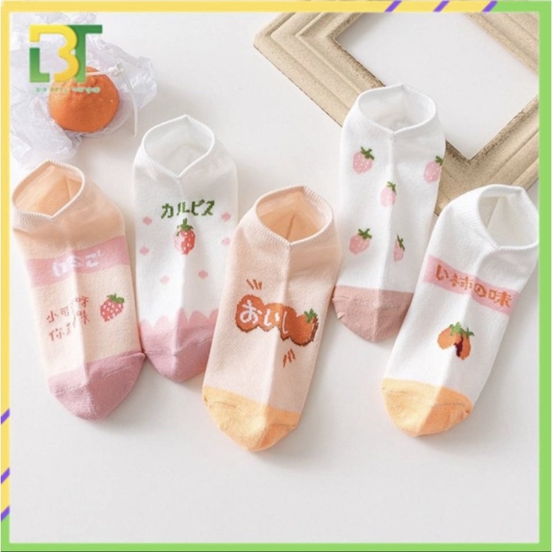 KAOS KAKI WANITA MOTIF BUAH STRAWBERRY ORANGE | KAOS KAKI IMPORT MOTIF BUAH