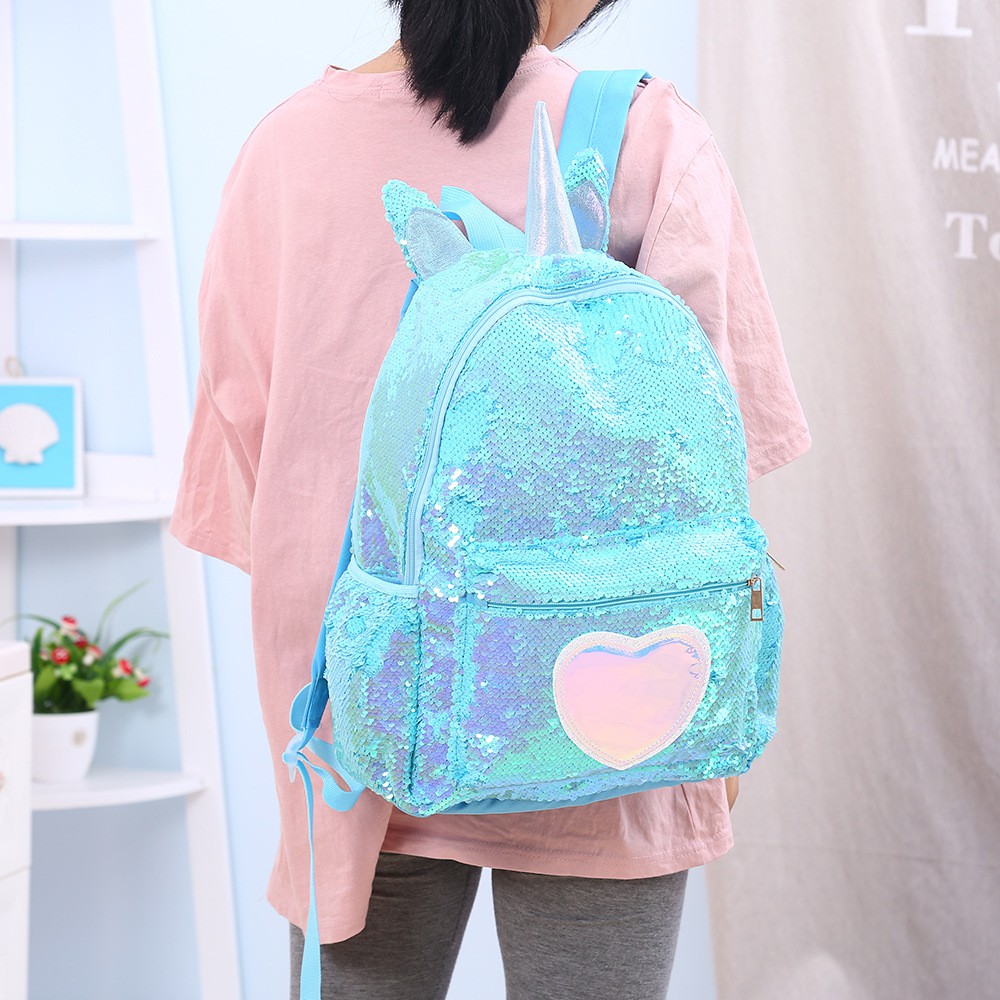 Tas Sequin Unicorn besar TU016 Ransel anak sd perempuan Reversible Backpack