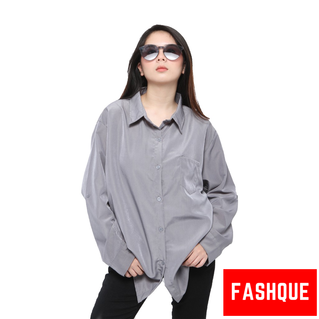 Kemeja Wanita Jumbo Lengan Panjang Polos Casual Oversize Terbaru Murah Kekinian - 0064-ABU