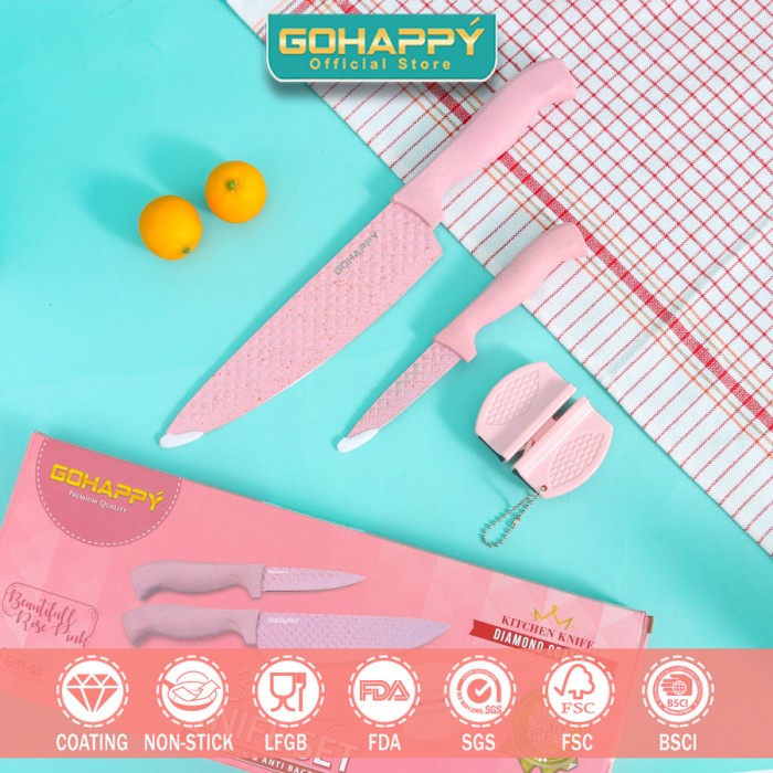 PISAU SET GOHAPPY PISAU SET Dengan Talenan Anti Bakteri knife set - P.Diamond 3pink (V3H2) Pisau dap