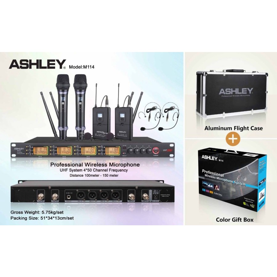 MIKROFON Mic Wireless ASHLEY M 114 MIC PEGANG ATAU JEPIT CLIP ON . M114. ISI 4 MIC. BISA UBAH FREQUENCY. ORIGINA