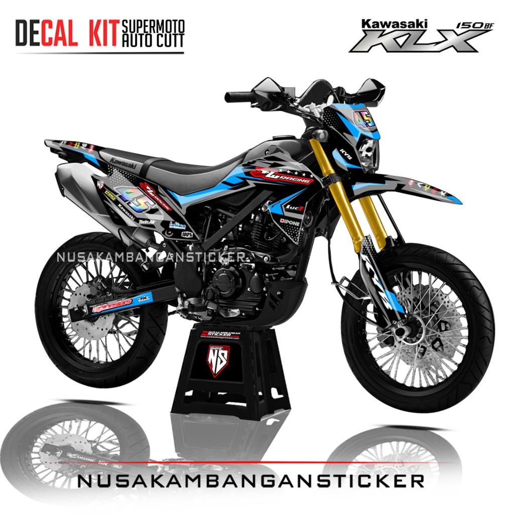 Decal Stiker Supermoto Motor Kawasaki KLX 150 BF Full Body Biru Toska Corak Racing Team Sticker Kit 