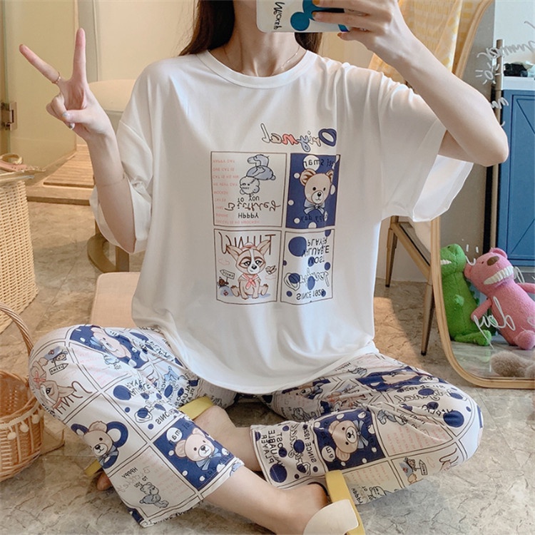 Piyama Oversize Bahan Kaos Lengan Pendek Baju Tidur Wanita pakaian tidur wanita kaos set baju tidur wanita piyama-Comic Bear