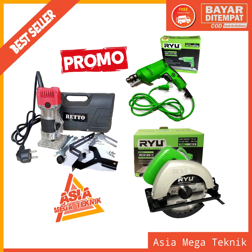 Hemat Paket Tukang RYU Mesin Bor 10 mm Mesin Circular 7 in Sirkel RYU dan Mesin Profil Set Retto