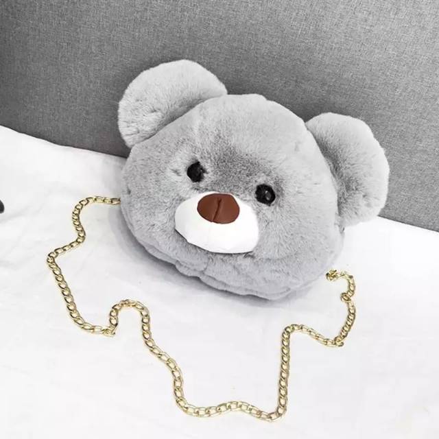 Tas selempang Cute Plush Bear Shape Women Handbag Crossbody Shoulder Bags Ladies Girls Casual Chain