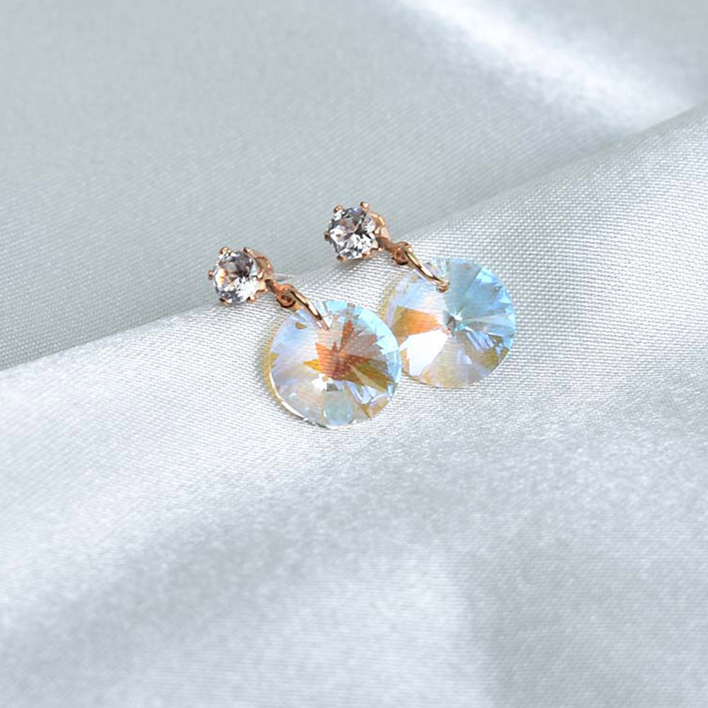 Anting Stud Bentuk Bulat Geometris Aksen Kristal Warna-Warni Untuk Wanita