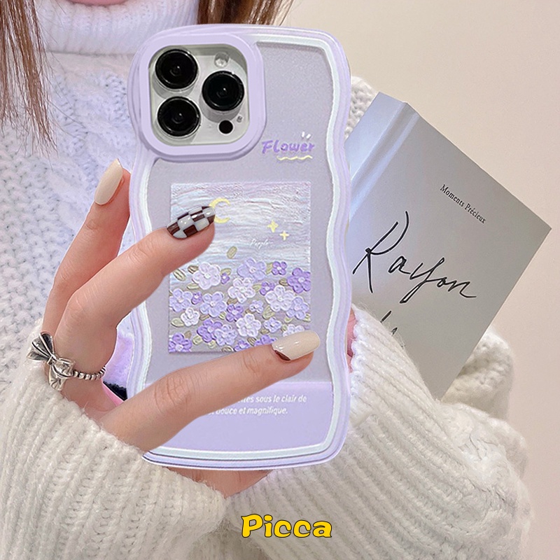 Casing Realme C53 10 C21Y C12 C25Y C25 C35 C11 C15 C25s C11 2021 C20 C3 5s 5 5i 6i C20A C1 C20A Fashion Art Lukisan Minyak Bunga Ungu Flower Bingkai Bergelombang TPU Lembut Tutup Belakang