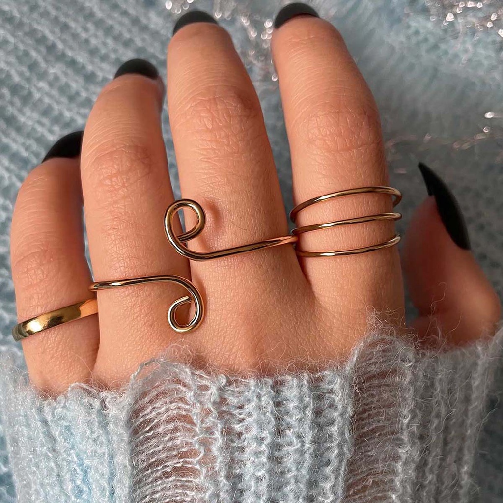 3pcs / set Cincin coil simple Warna Emas Untuk Wanita