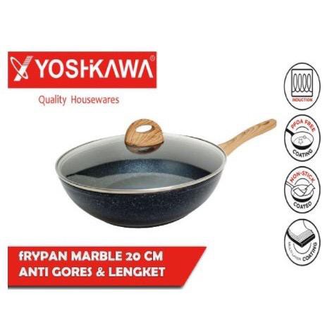 Yoshikawa Fry Wok Marble 30cm Set Tutup Kaca Penggorengan Anti Lengket Deep Fry Wajan Induksi Mt30tp