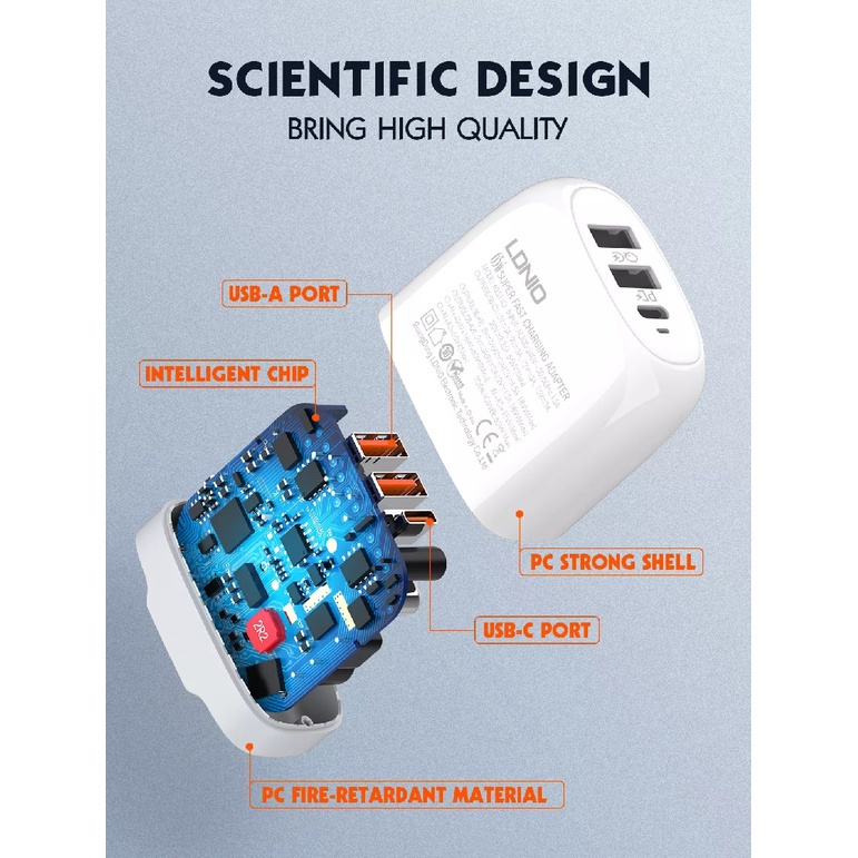 LDNIO A3511Q - 65W Super Fast Charging Adapter 3 USB Port PD QC 3.0 - Charger Super Cepat Bisa Untuk Laptop - 3 USB Total 65W Output