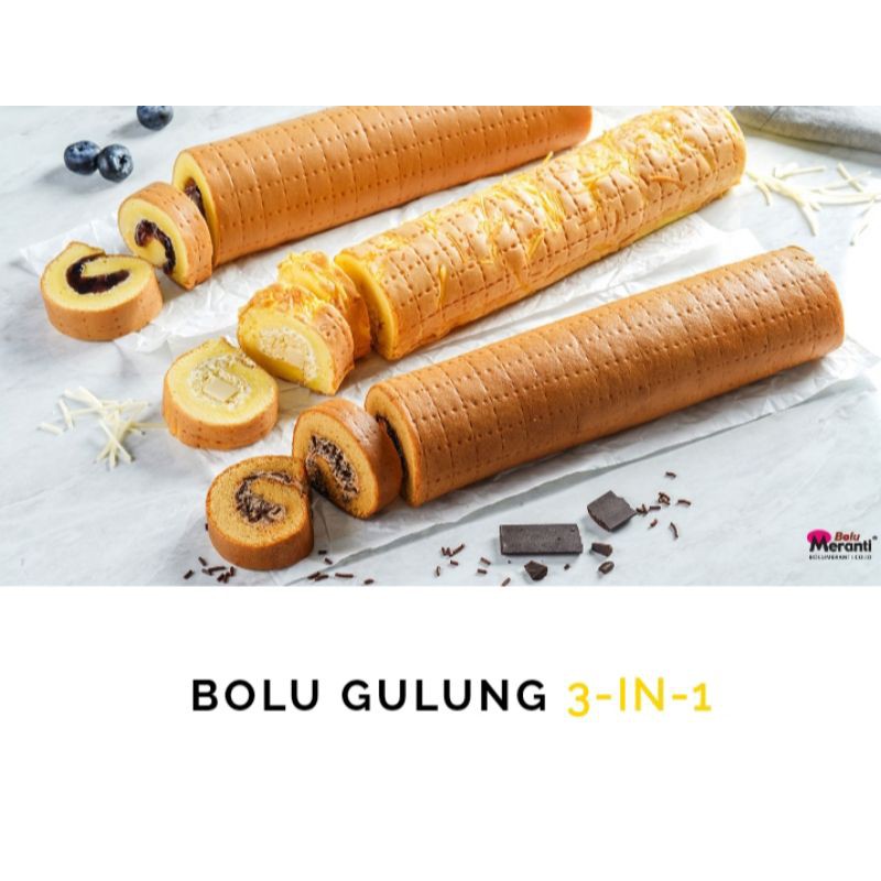 

BOLU GULUNG 3IN1 3 IN 1 MERANTI ( Mocca,Keju,Blueberry) MEDAN Uk. 30 x 20