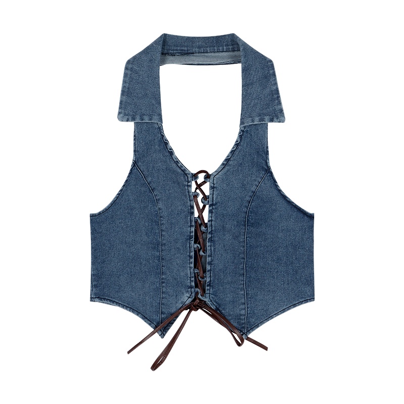 Suhao Tanktop hot girl sexy strappy denim kamisol rompi wanita musim panas pakaian luar murni keinginan tanpa lengan pendek halter top