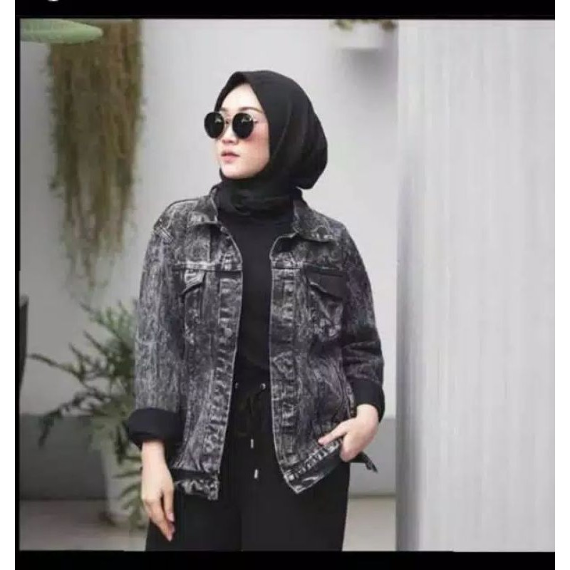 JAKET JEANS PRIA WANITA UNISEX MOTIF SANDWASH BLACK BAHAN JEANS