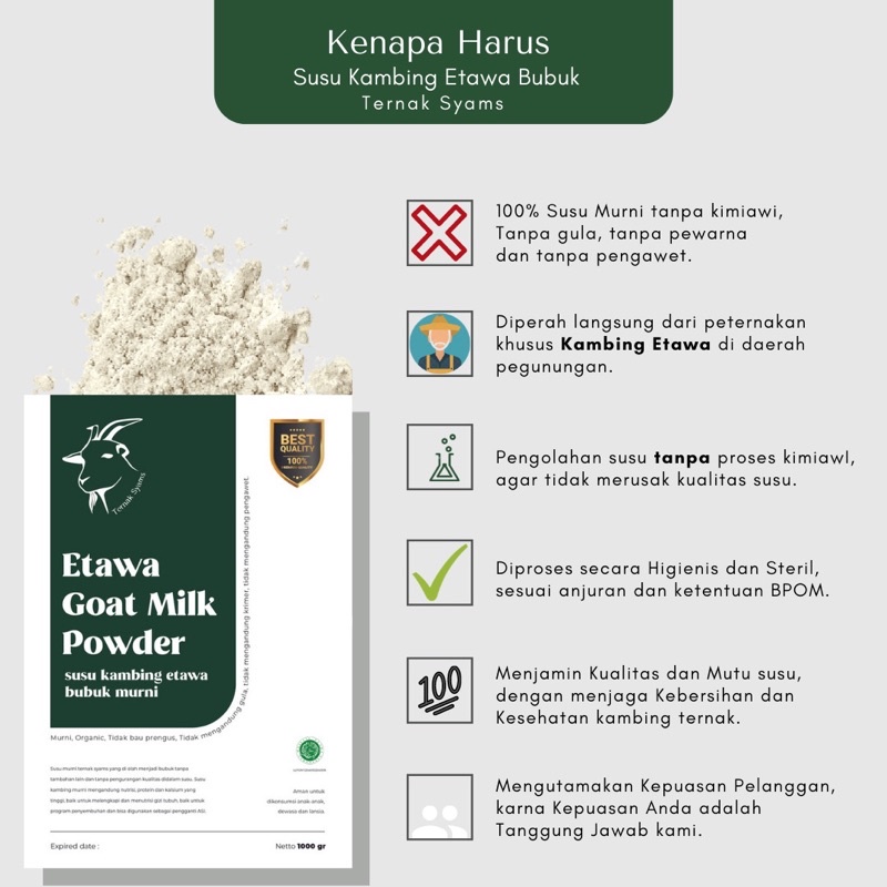 500GR Premium Susu Kambing Etawa Bubuk Syams 500 gram Pure Murni Alami Organik Pasteurisasi tanpa campuran gula Original Mentah Kiloan Natural Asli