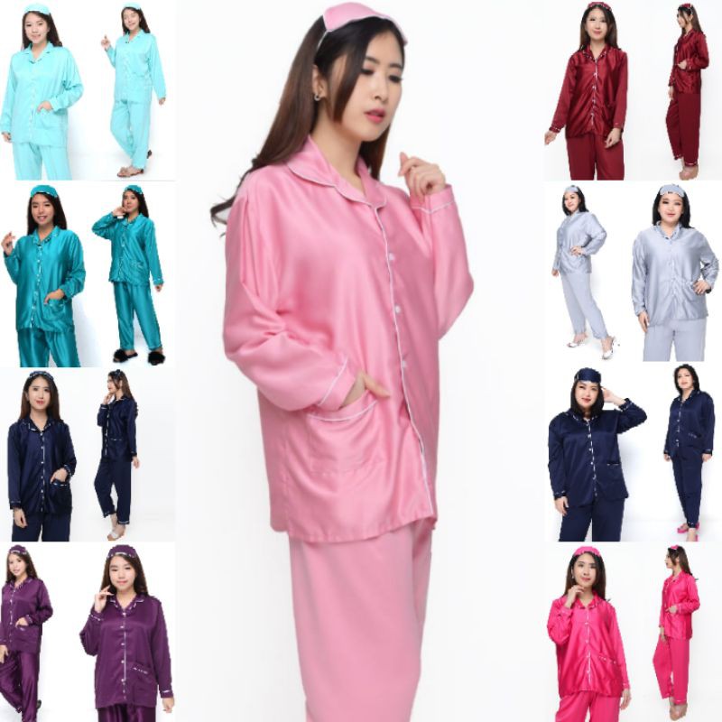 Piyama satin polos setelan celana panjang set baju tidur pajamas stelan lengan