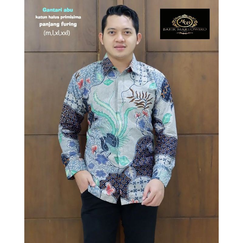 Kemeja Batik Lengan Panjang Pria Batik Eksklusif GANTARI ABU Batik Lengan Panjang Lapis Furing