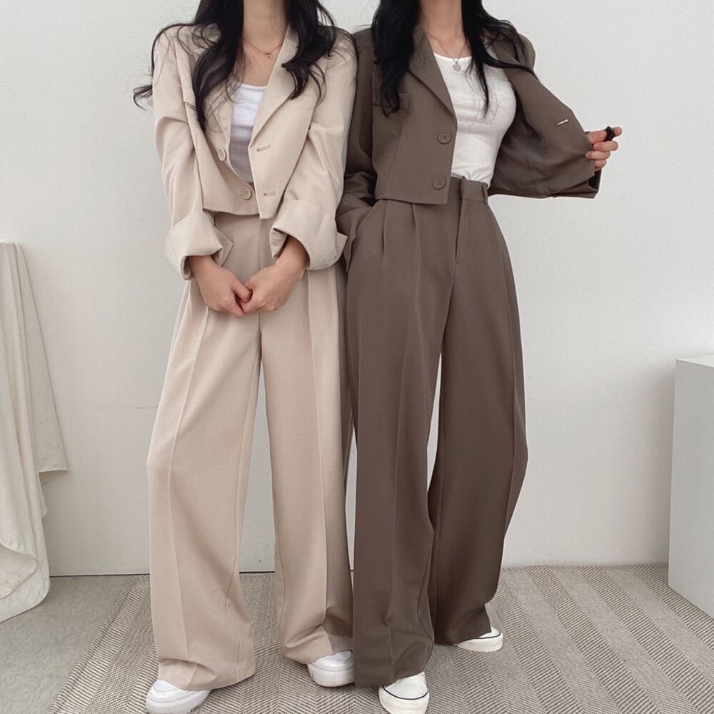 XIAOZHAINV Korean Style Blazer Crop Top+High Waist Straight Casual Suit Pants