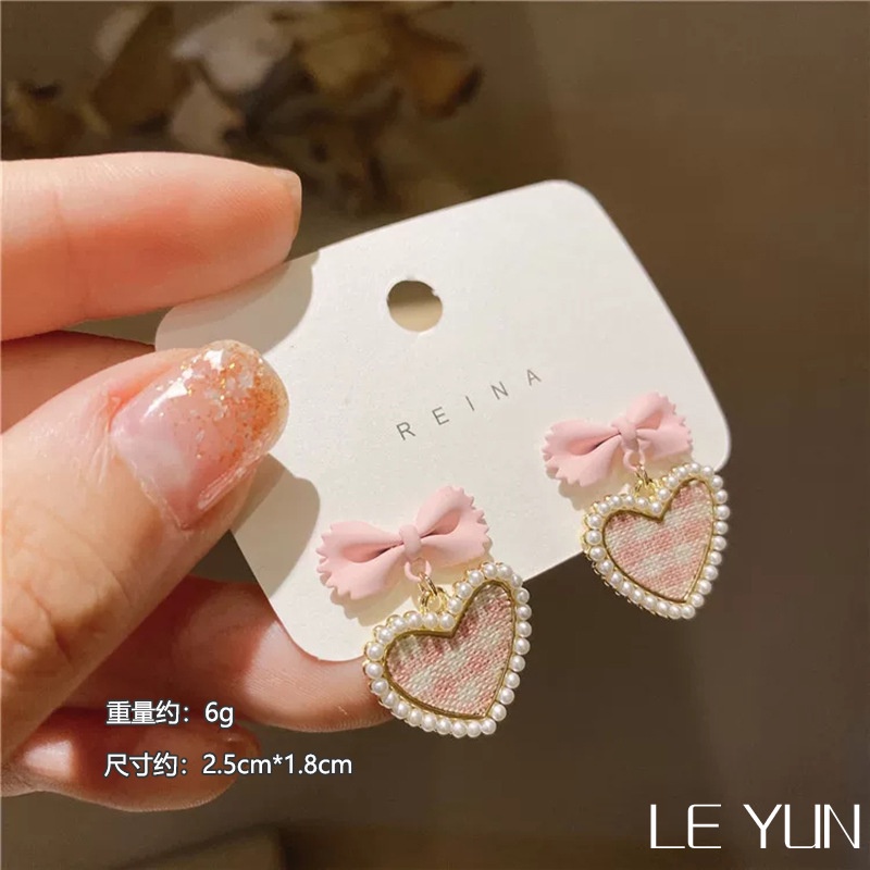 Lattice Love Bowknot Earrings Fashion Pearl Earrings Temperament Peach Heart Earrings Japanese and Korean Jewelry