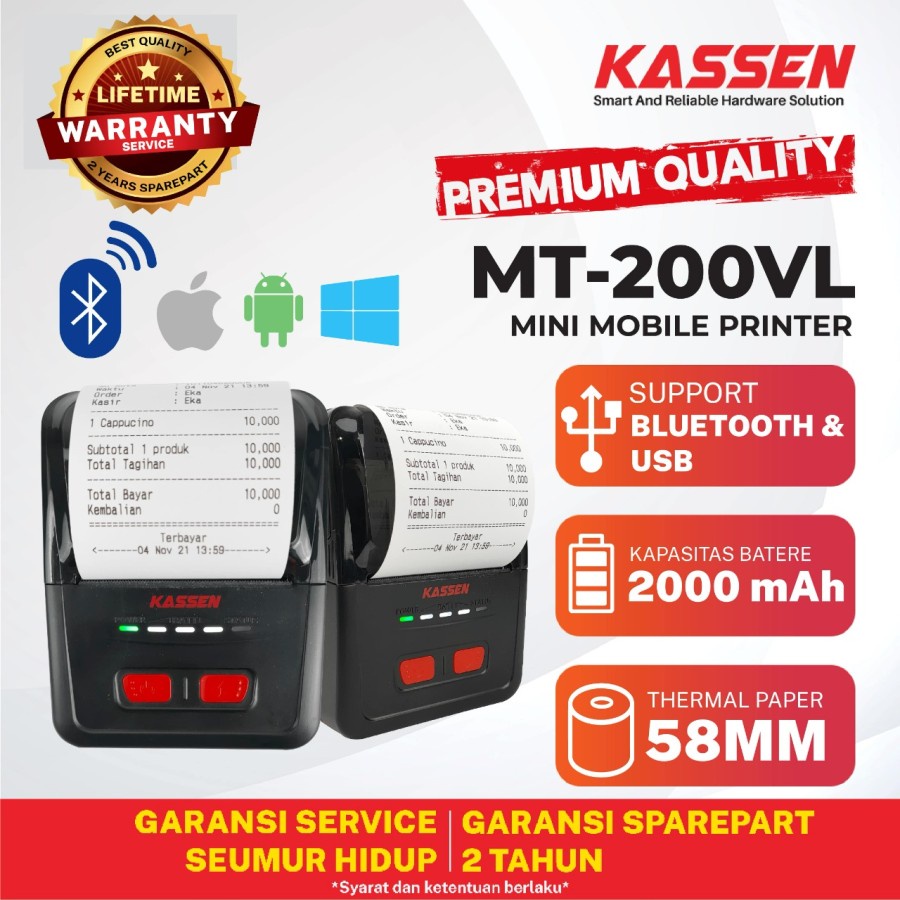 PRINTER BLUETOOTH THERMAL MOBILE KASSEN MT 200 VL CETAK STRUK 58MM