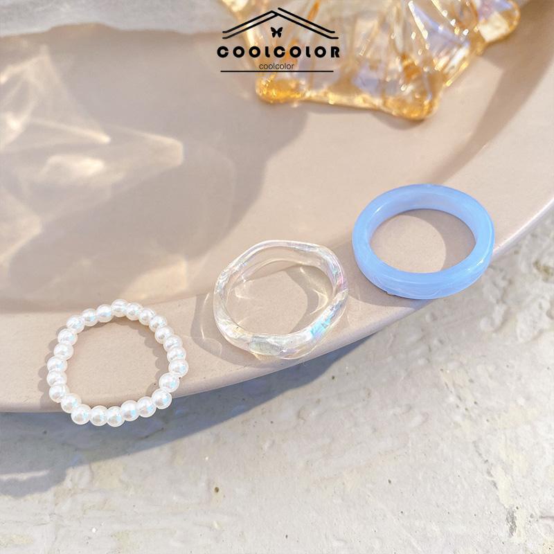 Murah❤️3 Pcs/Set Cincin Resin Korea Sederhana Ring Mutiara Wanita Anti Karat Dan Anti Luntur Set Untuk Hadiah Ulang Tahun Aksesoris Fashion COD