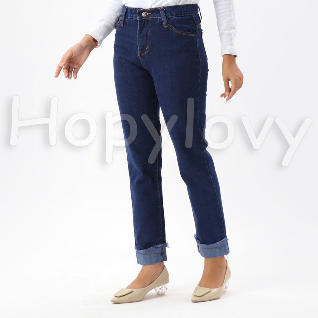 HOPYLOVY - Celana Boyfriend Jeans Wanita Model Rolled Up Rosetta