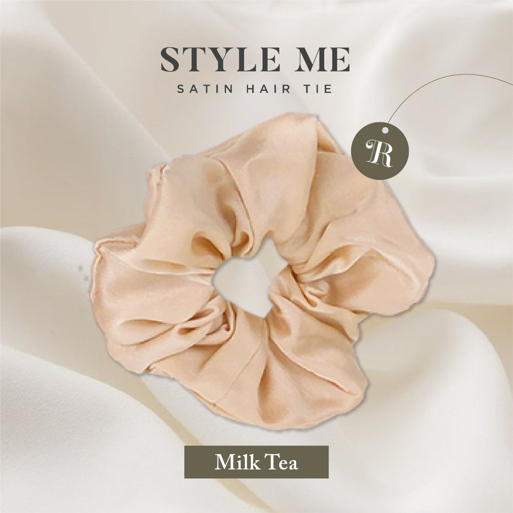 Scrunchies Premium Satin Silk MAXI The Rituale | Ikat Rambut Kuncir Hijab Cepol | Anti Rontok Pusing-Milk Tea