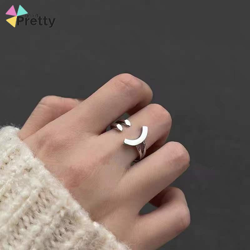 Cincin Model Terbuka Adjustable Desain Smiling Face Warna Silver Untuk Wanita - PD