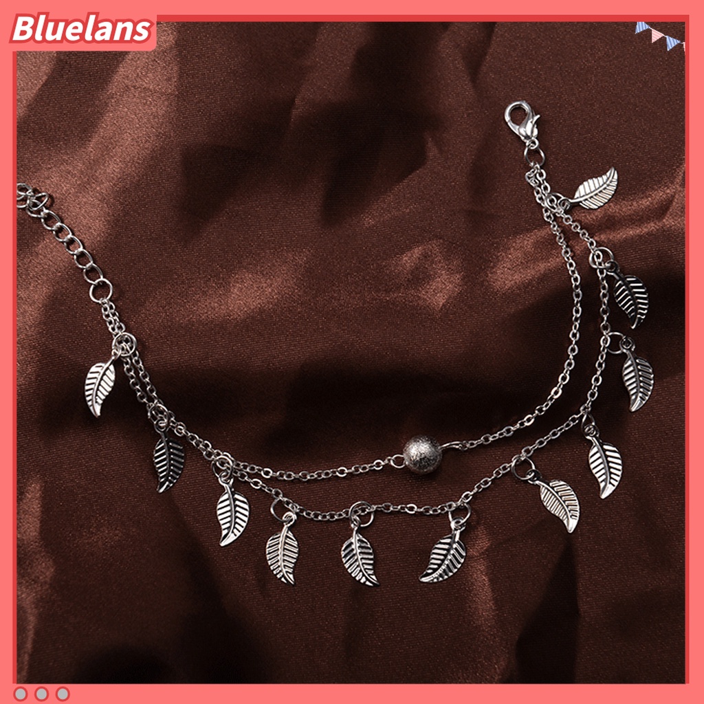 Gelang Kaki Rantai Dua Lapis Adjustable Dengan Liontin Daun Untuk Wanita