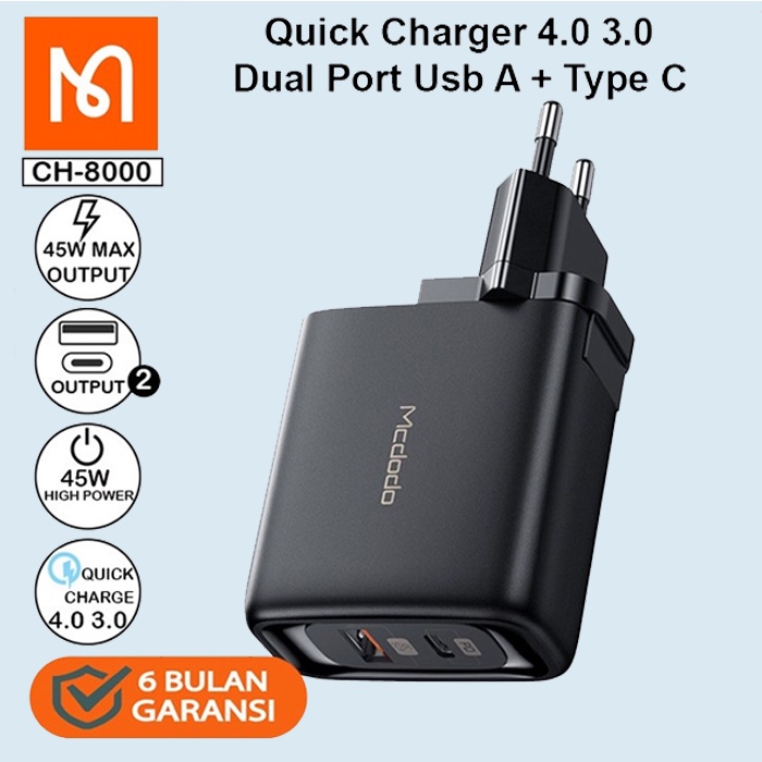 Mcdodo Ch-8000 Kepala Adaptor Charger Dual Port Usb A + Type C Pd Fast Charging Qc 3.0 45w