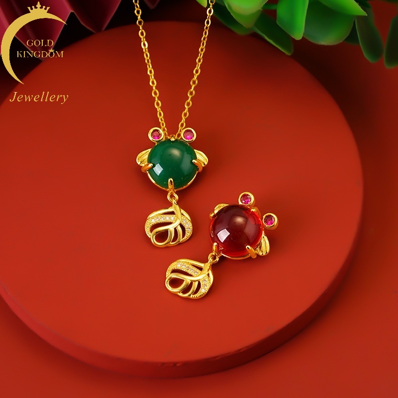 Kalung Lapis Emas Emas Asli Kadar 375 Dengan Liontin Ikan Mas Ruby Emerald Untuk Wanita