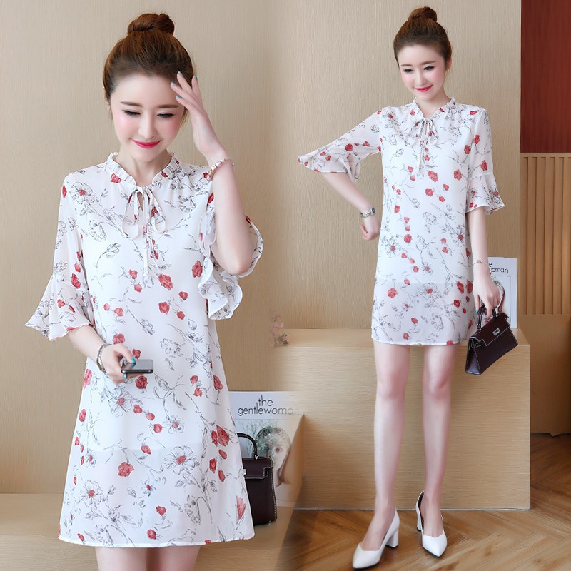 Dress Midi Wanita Casual Elegan Bahan Sifon Versi Korea Ada Ukuran Besar untuk Musim Panas