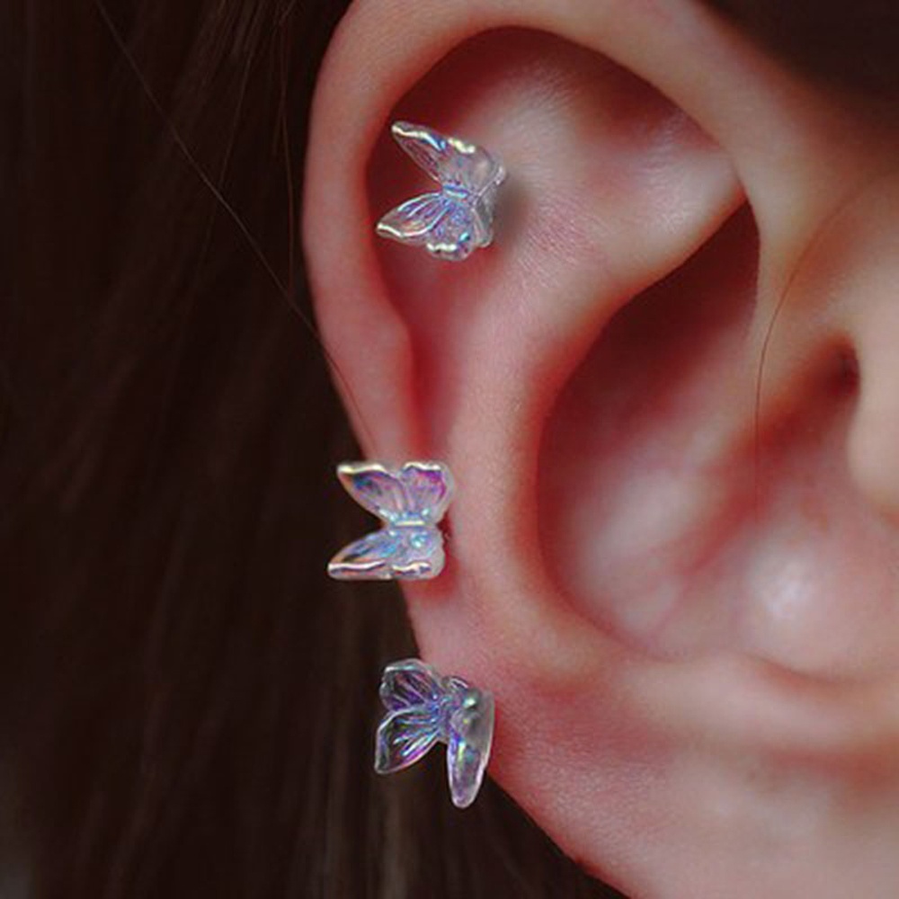 Needway  Temperament Tragus Earrings Sweet Butterfly Stud Earrings Women New Transparent Fashion Jewelry Geometric Acrylic Rainbow/Multicolor